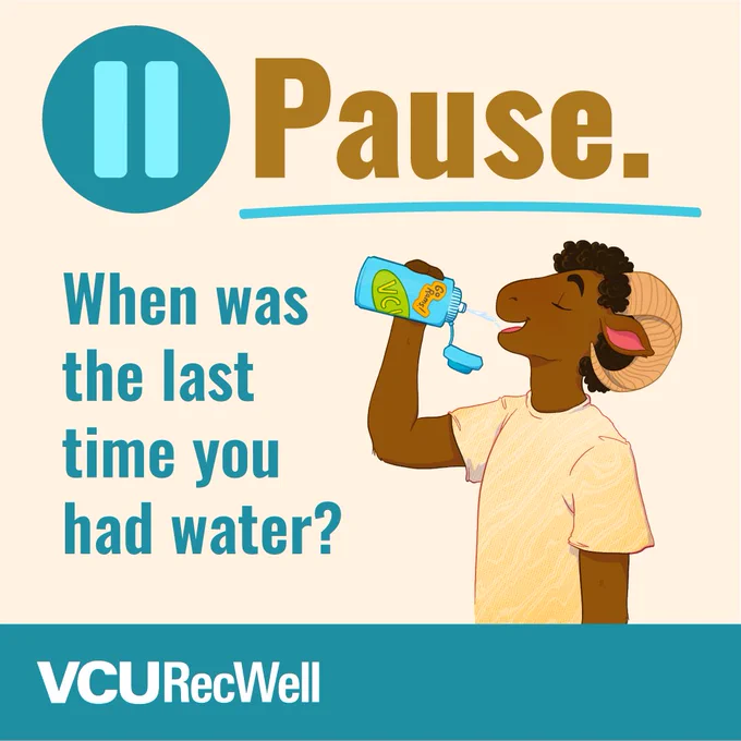 A Ram squirting water into their mouth from a bottle. Caption: When was the last time you had water?