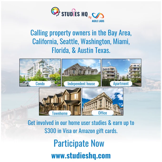 Earn up to $300 in gift cards! Join our 90-minute in-property scanning tech study in the Bay Area, CA, Seattle, WA, Miami, FL, Austin, TX, or Austin, TX. Limited spots are available! Sign up:https://www.studieshq.com/house-scanning-user-studies/  #UserStudy #Tech 