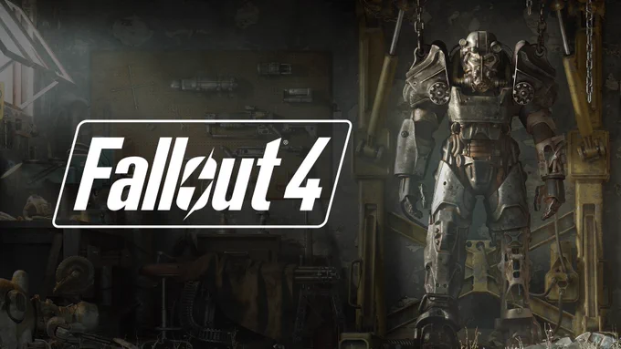 Fallout 4 Key Art featuring a set of power armor on the right side with the Fallout 4 log on on the left side