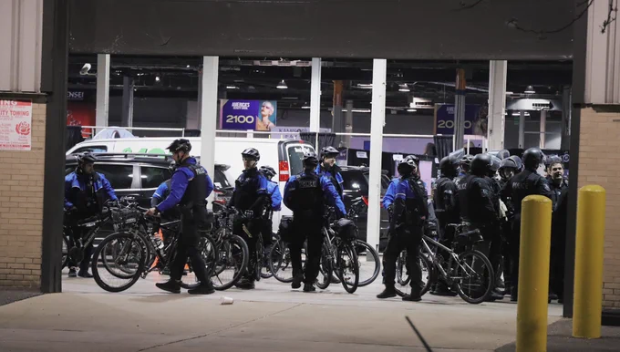 riot police and cops on bikes entering a storage facility after arriving late to the scene. embarrassing waste of tax money.