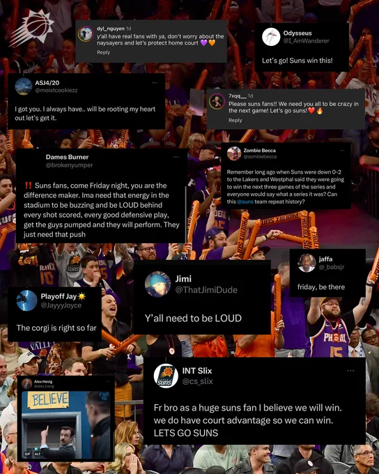 Comments from Suns fans about being loud and bringing the energy overlayed on a photo of crowd and fans cheering.