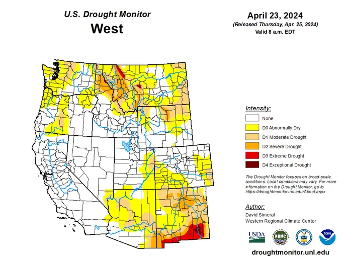 U.S. Drought Monitor West map for April 23, 2024.