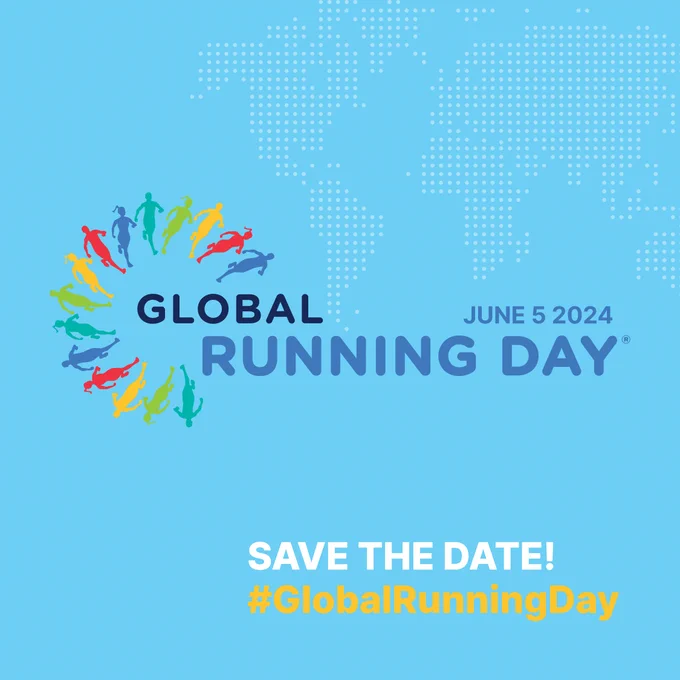 A blue graphic with text that reads: "Global Running Day June 5, 2024. Save the Date! #GlobalRunningDay"