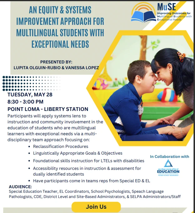 image for an event to be held at Point Loma Liberty Station on May 28, on equity and systems approach for multilingual students with exceptional needs