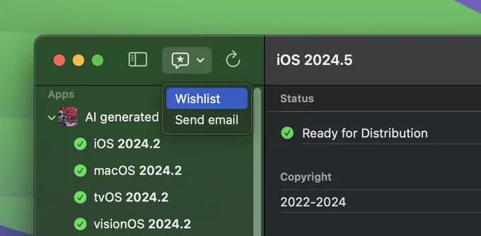 Screenshot of AppDab with a version 2024.5 Ready for Distribution, and a menu open showing a Wishlist option