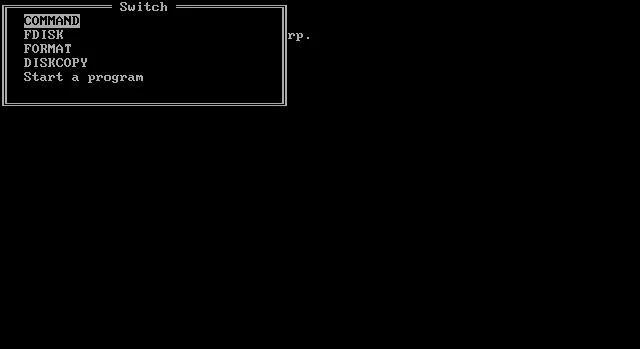 Multitasking MS-DOS 4.0 showing a "Switch" popup with "COMMAND", "FDISK", "DISKCOPY" and "Start a program" options.