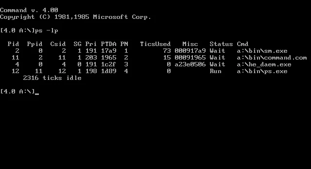 Multitasking MS-DOS 4.0 showing the output of the command `ps -lp` with multiple processes running on the machine.