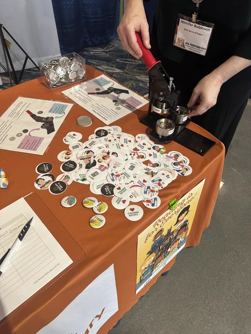 Button making at State Library of Oregon Exhibitor Booth at Oregon Library Association conference