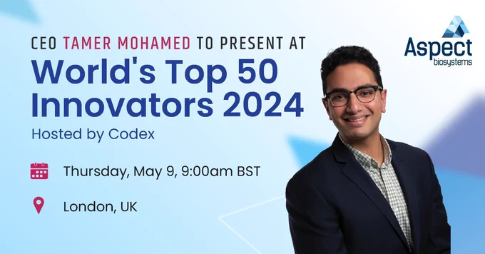 Blue geometric background, text reads "CEO Tamer Mohamed to present at World's Top 50 Innovators 2024", image of Tamer to right of text, Aspect logo in top right corner