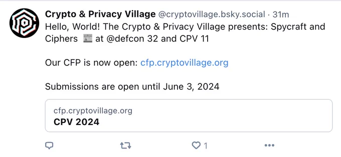 Hello, World! The Crypto & Privacy Village presents: Spycraft and Ciphers at @defcon 32 and CPV 11. Our CFP is now open: cfp.cryptovillage.org Submissions are open until June 3, 2024