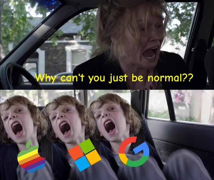 An example slide from Walker's talk in which the mom is asking "why can't you just be normal" and all 3 browser vendors are a child screaming in the back. Ostensibly related to DRM support.