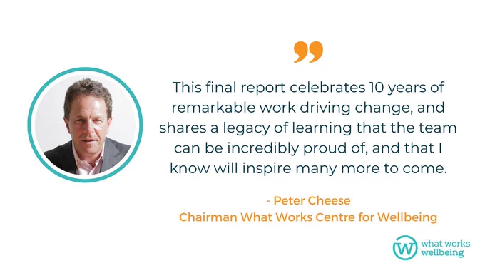 Photo of Peter Cheese, Chairman of What Works Wellbeing and a quote from him, "This final report celebrates 10 years of remarkable work driving change, and shares a legacy of learning that the team can be incredibly proud of, and that I know will inspire many more to come."