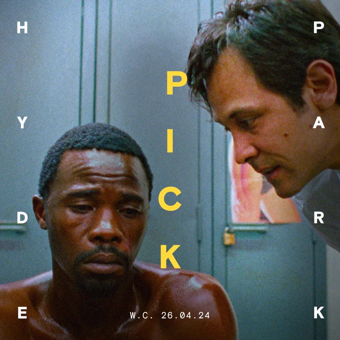 Graphic using still from Mapantsula showing a man being interrogated. Text reads 'HYDE PARK PICKS. W.C. 26.04.24'