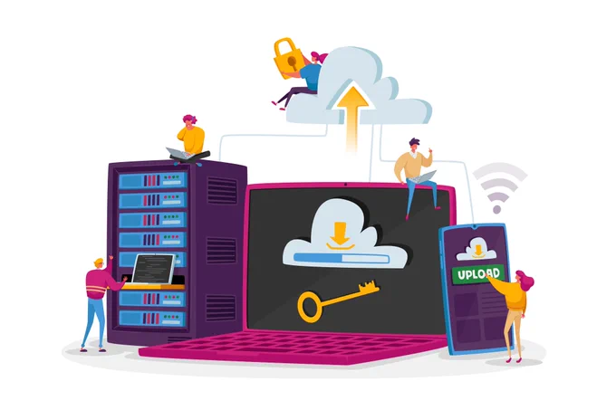 People using laptops, a smartphone, a database and one is sitting on a cloud.