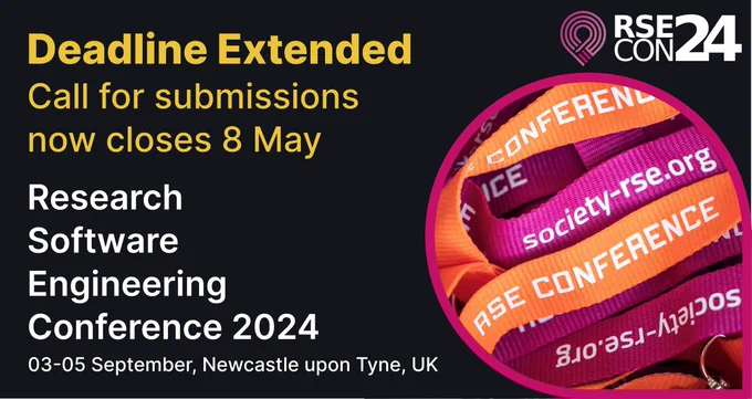 The deadline for submissions to the Research Software Engineering Conference 2024 has been extended to 8th May. The conference takes place 3rd to 5th September in Newcastle upon Tyne, UK
