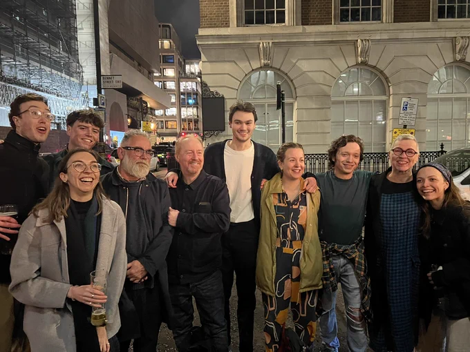Photo of a group outside a London pub. From left to right.. Daniel (Tom), Tom, Rosie, Rich, Forbes (Rich), Owen, Charlie (Will), Alfie (Owen), me, Molly (Rosie).