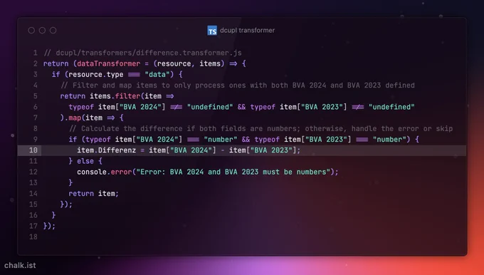 dcupl transformer code, which calculates the difference of two properties and provides the result in a new property. Therefore no calculation or transformation is needed in the front-end application itself.