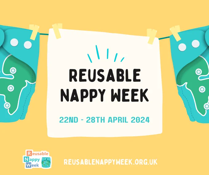 Yellow background with three hanging reusable nappies on a washing line in a cartoon style. Text reads, 'Reusable Nappy Week 22nd-28th April 2024'