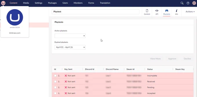 Screenshot of a playtesting content app inside of Umbraco backoffice
