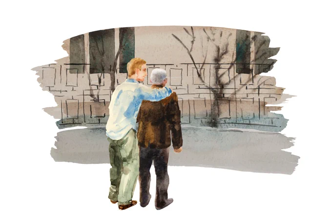 young man caring for elderly man. dementia or Alzheimer's concept image