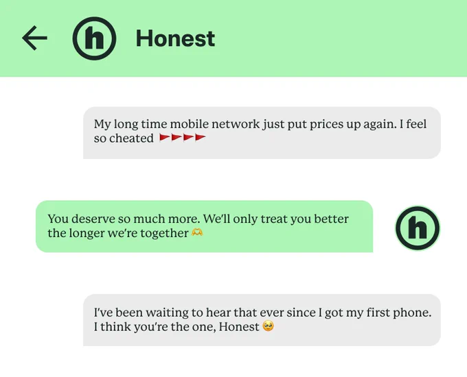 A simulated dating app conversation with Honest. It's a match!
