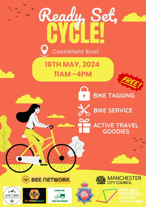 Join Clean and Green Castlefield for an active travel event.

18 May 2024, 11am - 4pm at Castlefield Bowl. There will be bike tagging, bike servicing and active travel goodies.