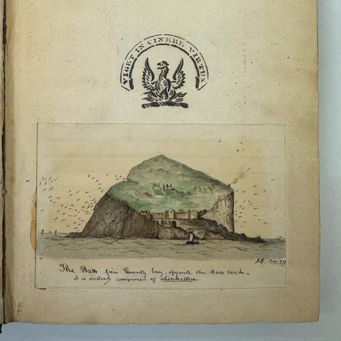 small water colour of the Bass rock. the air is thick with flying gannets and a boat is seen sailing on the water in front of the Rock. the quote under it reads ' The Bass Rock from County Bay - opposite the Bass Rock. It is entirely composed of clinkstone