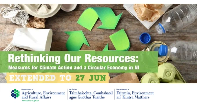 graphic with recycled rubbish - reads rethinking our resources - measures for climate action and a circular economy in NI extended to 27 June - message is - We've decided to give you more time to respond to our #Rethinkingourresources consultation 
🧑‍💻We're holding a stakeholder information webinar  next wed 1 May at 2PM - register at link in post.