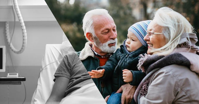 An image of an older couple with their grandchild superimposed over an image of a person lying in a hospital bed