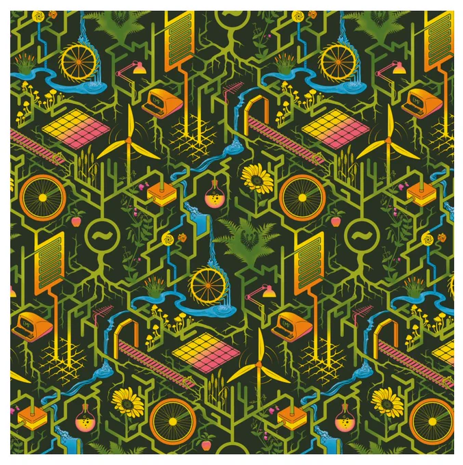 A colourful tiling image featuring the EMF logo, plants and things related to sustainable energy generation which are joined together in a network which smoothly transitions between geometric and organic.