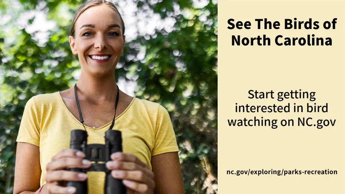 Woman holding binoculars in a yellow shirt with text: See the Birds of North Carolina, Start getting interested in bird watching on NC.gov.