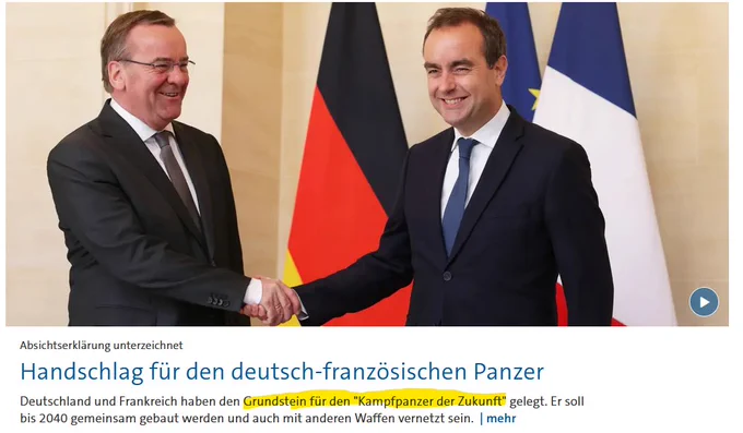 Foto: Boris Pistorius schüttelt dem französischen Verteididungsminister Sébastien Lecornu die Hand.
Artikel-Überschrift mit Einleitung: "Handschlaf für den deutsch-französischen Panzer. Deutschland und Frankreich haben den Grundstein für den ,Kampfpanzer der Zukunft' gelegt."