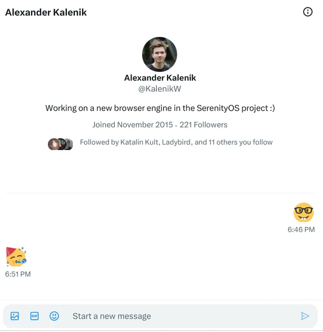 Screenshot of a DM conversation on X between myself an Alexander Kalenik. We exchanged two friendly emojis.