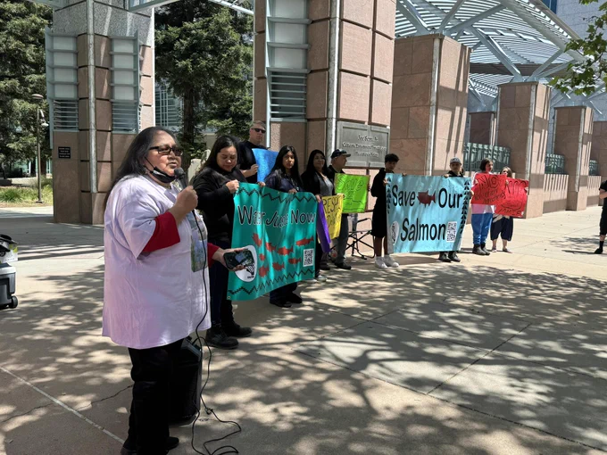 Youth, Tribal members from across Northern California, Fishermen and Delta Frontline communities rally at the California EPA against a proposal about Voluntary Agreements replacing a water quality control plan during a salmon crisis. 