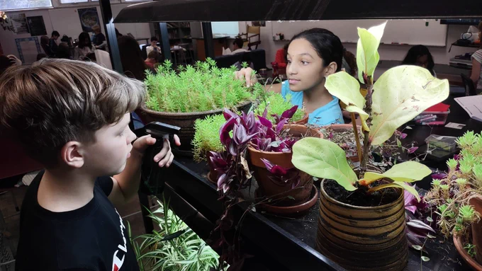 Students water plants. 