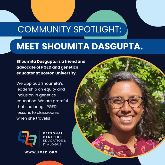 Community Spotlight: Meet Shoumita Dasgupta. Graphic with a headshot of Shoumita Dasgupta standing in front of a tree outside in the sunlight. Shoumita is wearing glasses, and a magenta shirt, and is smiling.