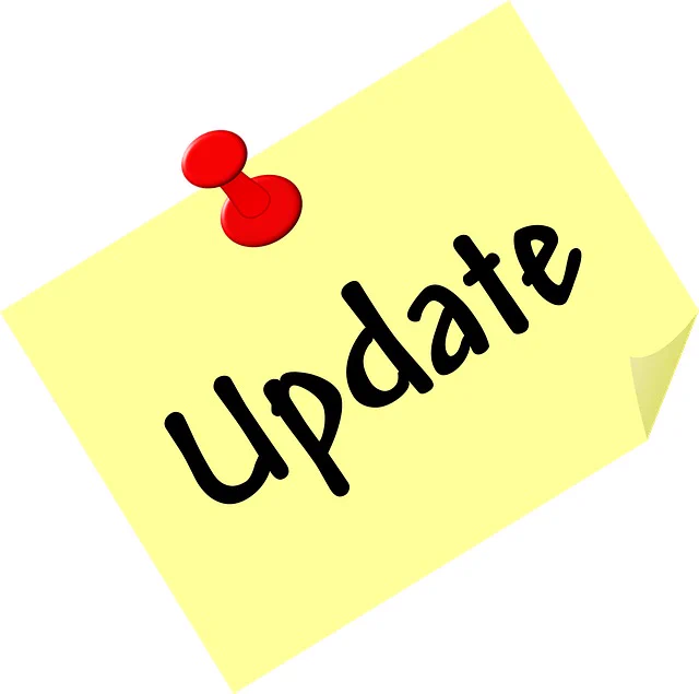 image from Pixabay. A white background with a cartoon yellow post-it note at an angle in the centre of the image. The word 'update' is typed in black and there is a red pin which appears to be holding the post it note to something