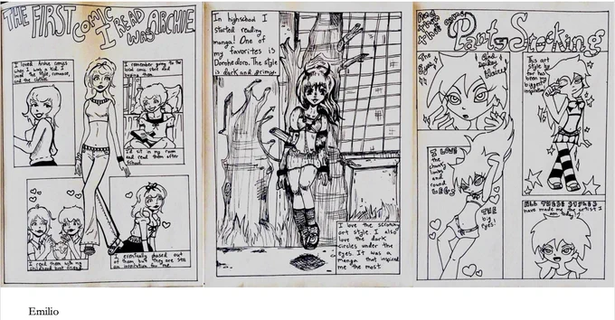 Three pages from a student comic referencing a different artist per page