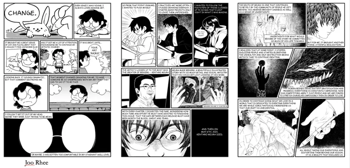Three pages from a student comic referencing a different artist per page