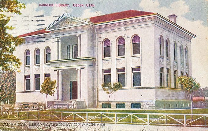 Color postcard of a library.