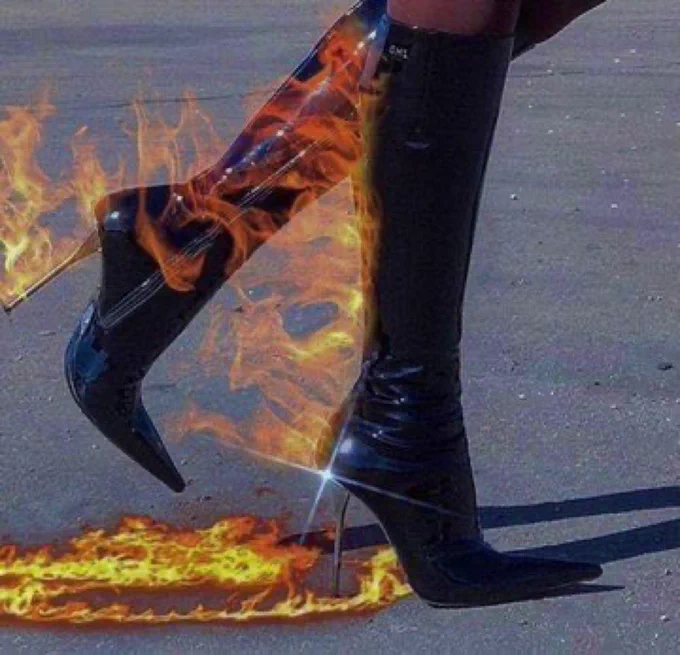 Meme of high heeled boots walking away on fire