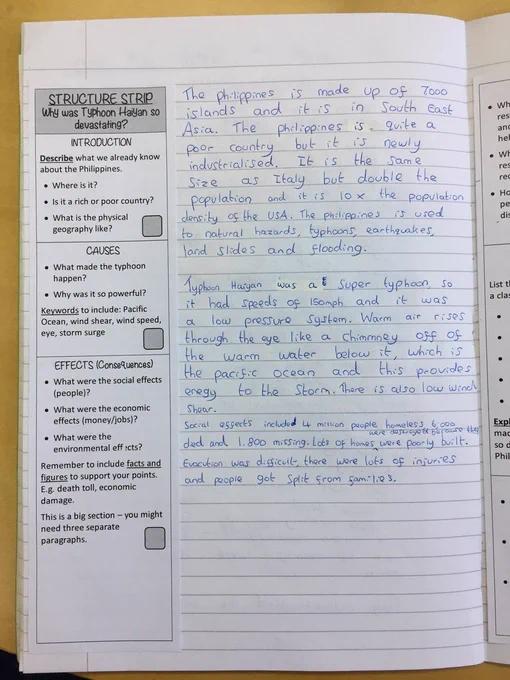 Image shows a notebook page with a strip of paper pasted into the margin containing instructions and an outline for a short essay.