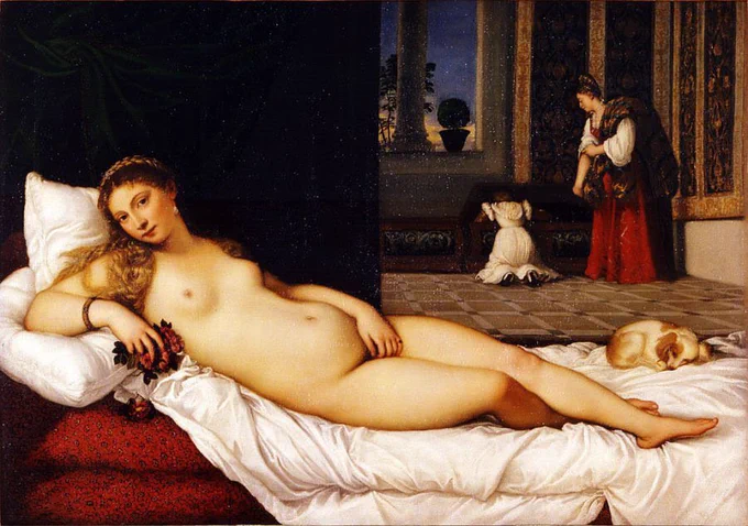 A super luxe oil painting of a nude white woman reclining on a bunch of pillows. In the background is a Romanesque villa with another white chick (clothed) looking at a girl who is kneeling before the window  and is either praying or crying. 

The nude Venus figure is slap bang in the centre of the image, even if she didn’t have her kit off, you wouldn’t be looking anywhere else. Her head is in the left of the frame and her body crosses the entire frame, with her feet in the bottom right corner. Her left hand is draped over her torso and covers her pubes. Her right arm is pulled back and is propping her up slightly. She is holding red flowers in her right hand. She has one of those renaissance beautiful bodies - little boobs, squidgy belly and soft thighs. She has junk in the truck and cushion for the pushing. She is Renaissance beach body ready. She looks directly out of the painting and at the viewer. Her gaze is seductive and very powerful.