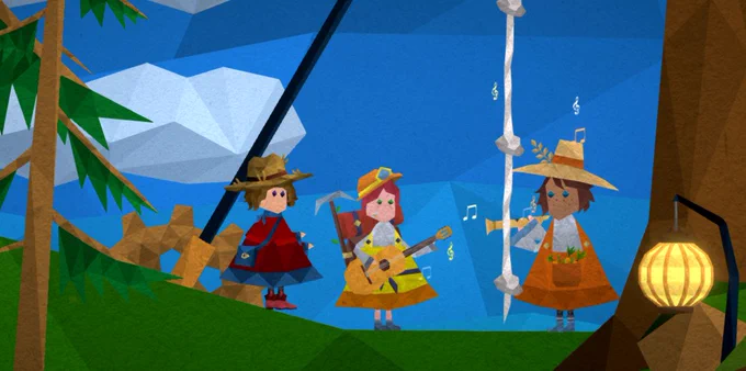 A screenshot from the game Passing By - A Tailwind Journey. Curly is dancing next to two musicians who play guitar and flute.