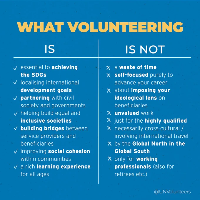 WHAT VOLUNTEERING IS ✔essential to achieving the SDGs  ✓ partnering with civil society and governments ✔helping build equal and
inclusive societies ✓ building bridges between service providers and beneficiaries
✔improving social cohesion
within communities ✔ a rich learning experience for all ages
IS NOT: a waste of time, self-focused purely to advance your career, about imposing your ideological lens on beneficiaries
X unvalued work X just for the highly qualified X necessarily cross-cultural 