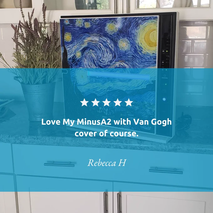 An air purifier with a vibrant cover inspired by Van Gogh's Starry Night is positioned in a modern kitchen, earning a glowing 5-star review from a satisfied customer named Rebecca H. The image conveys a harmony of art and air purification technology.