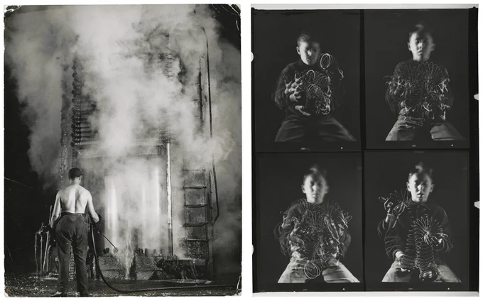 A diptych of black and white photographs. On the left is a shirtless worker who stands in front of a steaming piece of machinery. The right is a 2x2 grid of an individual sitting and playing with a slinky. The slinky is caught in motion. 