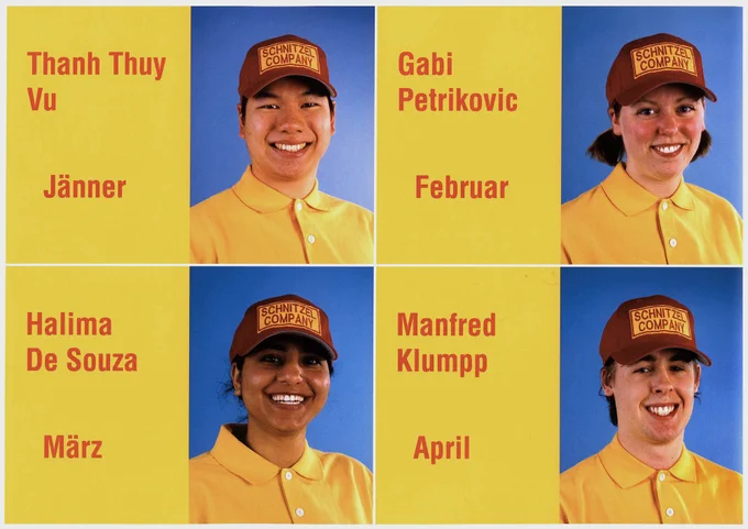 A 2x2 grid, each grid square features a photograph of an individual wearing a yellow polo and maroon baseball cap with yellow writing on a blue background, to the left of each photo is red text on a yellow background. 