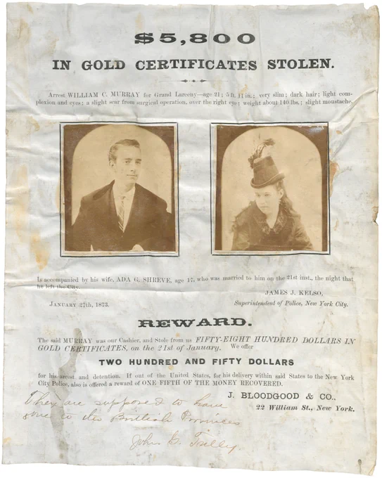 A vintage police flyer featuring two sepia photos of suspects and text about the crime and reward for capture. 
