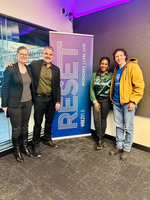 Visit to The Reset WBEZ Chicago  From Michael Davidson: Karen Weigert is on the right, along with Reset’s Sustainability Contributors, Sasha 